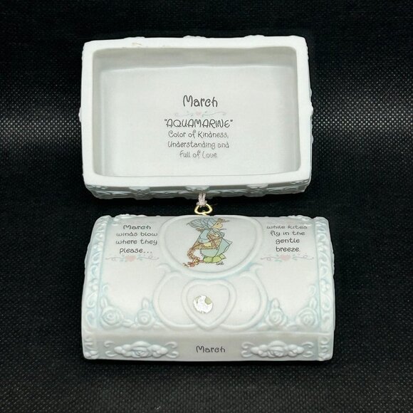 1995 Precious Moments Bisque Porcelain March Keepsake Trinket Box w/Key - Picture 3 of 4
